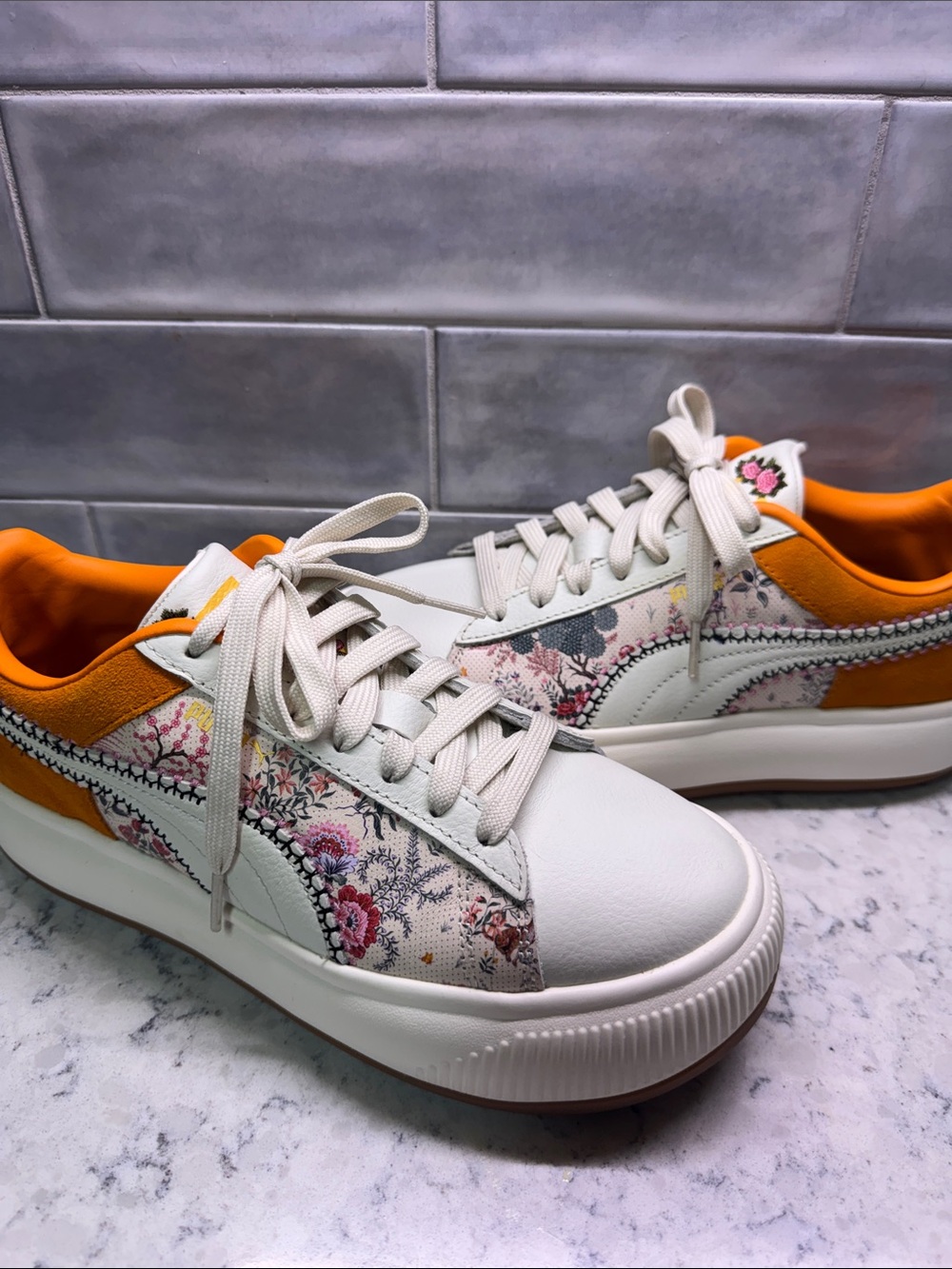 PUMA Liberty London Mayu Suede Marshmallow,Orange,Floral Platform Sneakers 8.5